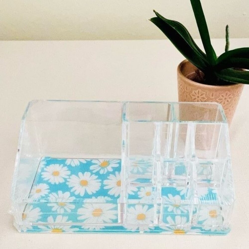 Sorbus Mini Makeup Organizer with 9 Slots Clear w/ Daisy Print Bottom Desk Dorm